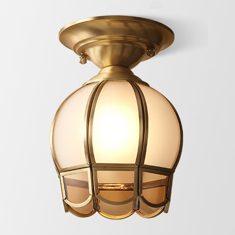 Brass Ceiling Mounted Fixture Vintage-Style Glass Shaded Semi Flush Ceiling Light