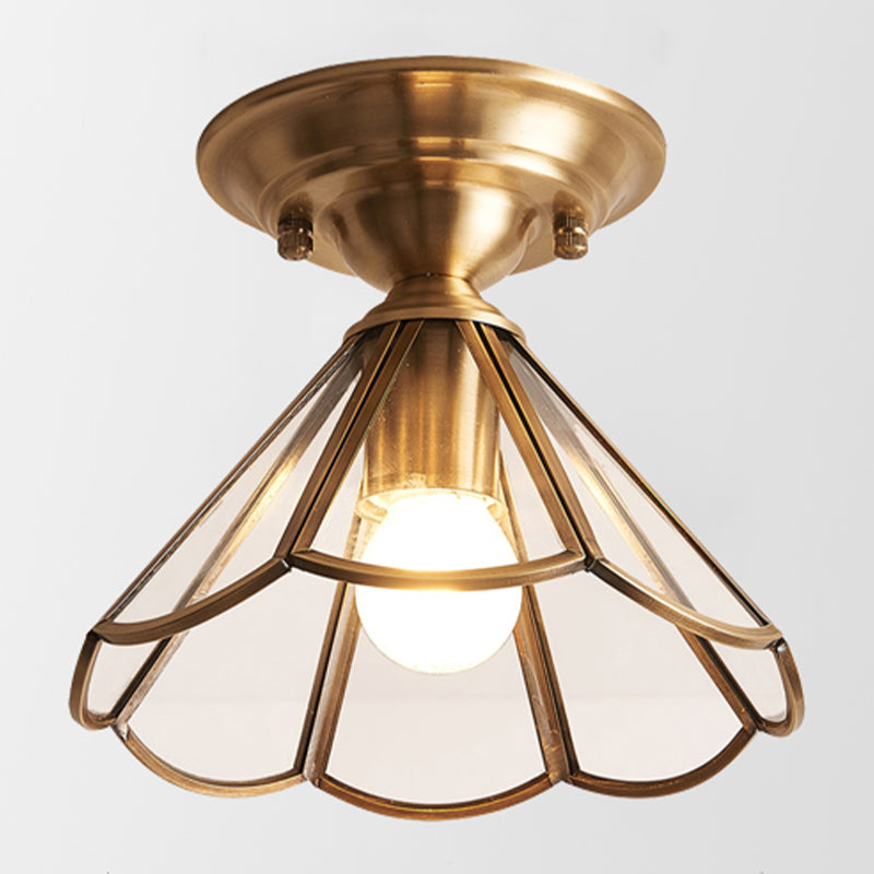 Brass Ceiling Mounted Fixture Vintage-Style Glass Shaded Semi Flush Ceiling Light