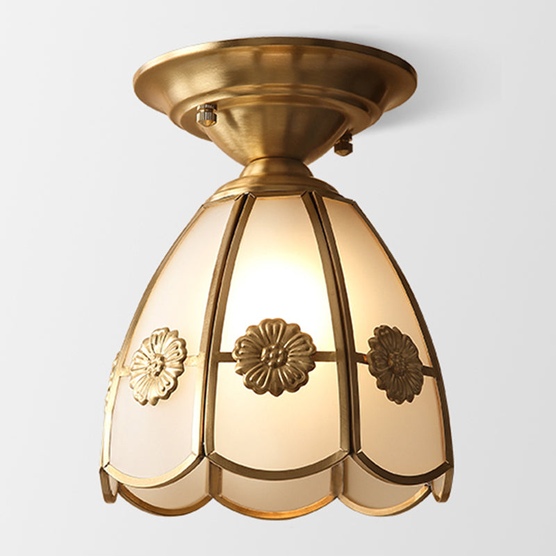 Brass Ceiling Mounted Fixture Vintage-Style Glass Shaded Semi Flush Ceiling Light