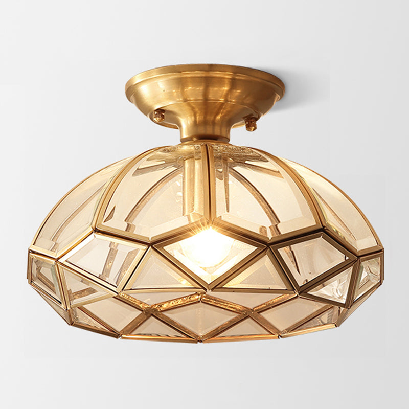 Brass Ceiling Mounted Fixture Vintage-Style Glass Shaded Semi Flush Ceiling Light