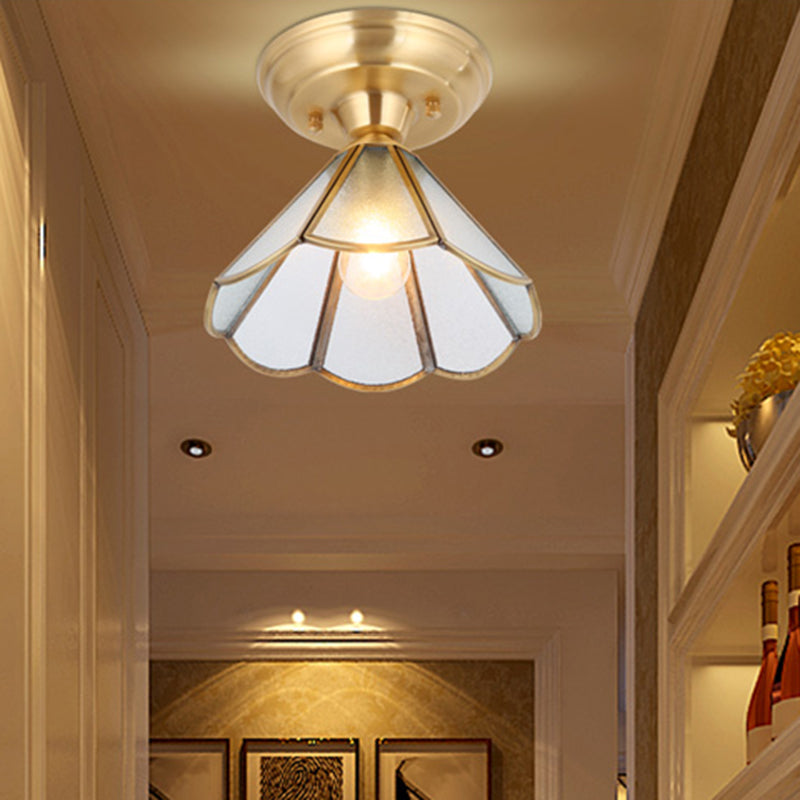 Brass Ceiling Mounted Fixture Vintage-Style Glass Shaded Semi Flush Ceiling Light