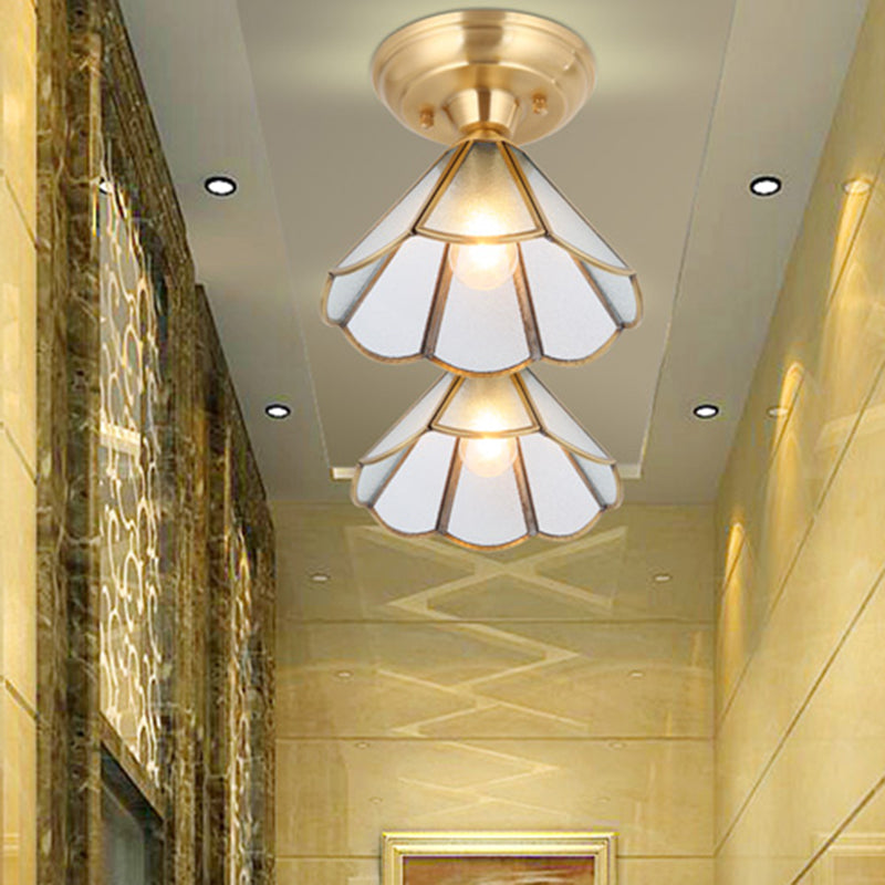 Brass Ceiling Mounted Fixture Vintage-Style Glass Shaded Semi Flush Ceiling Light