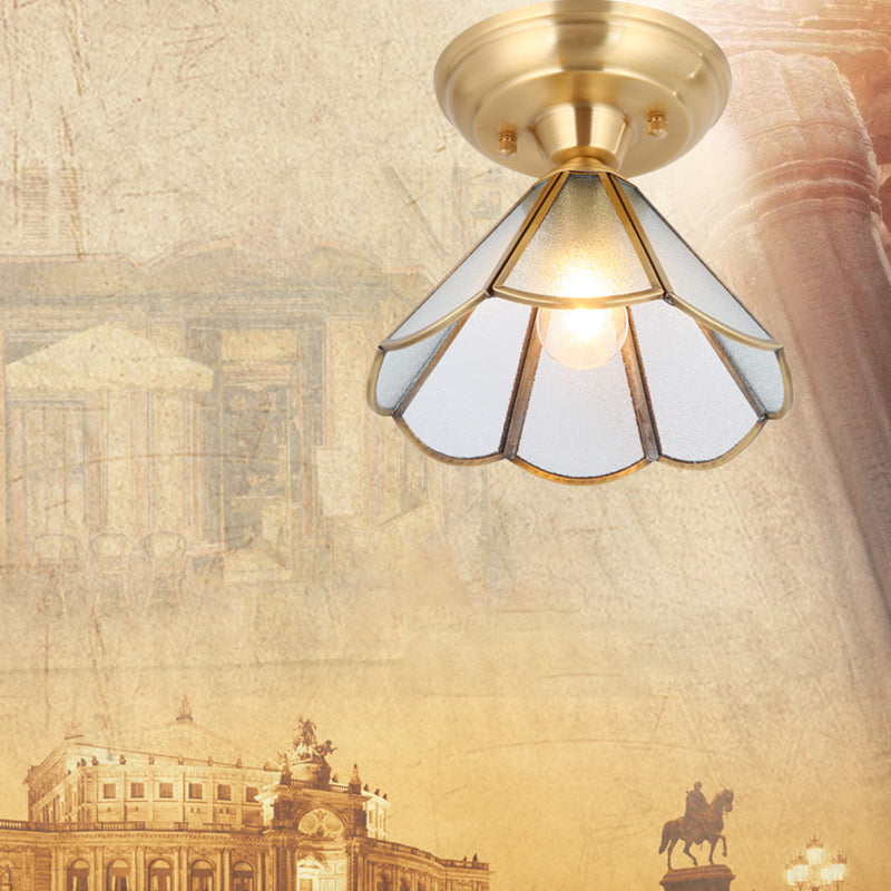 Brass Ceiling Mounted Fixture Vintage-Style Glass Shaded Semi Flush Ceiling Light