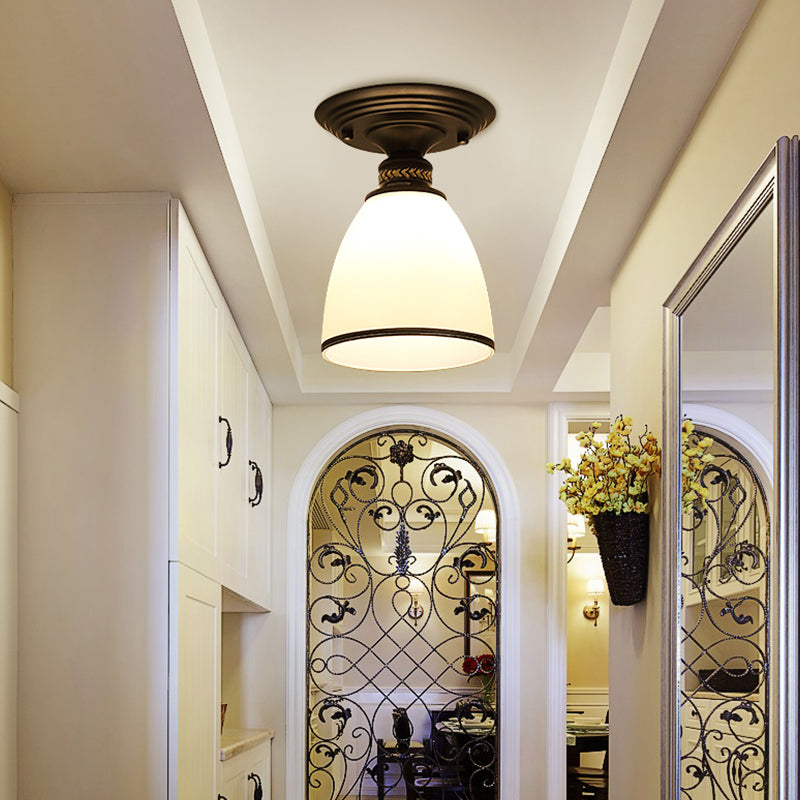 Glass Shaded Close to Ceiling Lamp Simplistic Aisle Semi-Flush Mount in Black