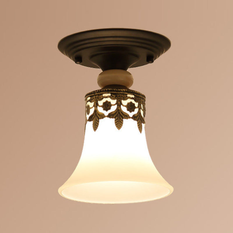 Glass Shaded Close to Ceiling Lamp Simplistic Aisle Semi-Flush Mount in Black