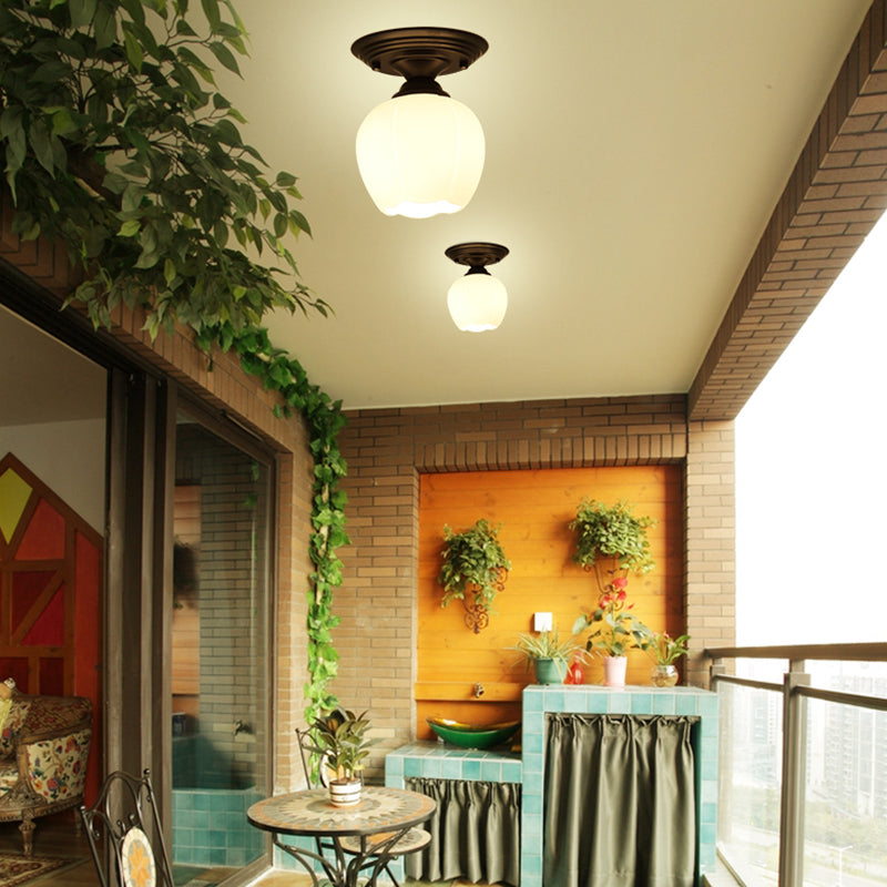 Glass Shaded Close to Ceiling Lamp Simplistic Aisle Semi-Flush Mount in Black