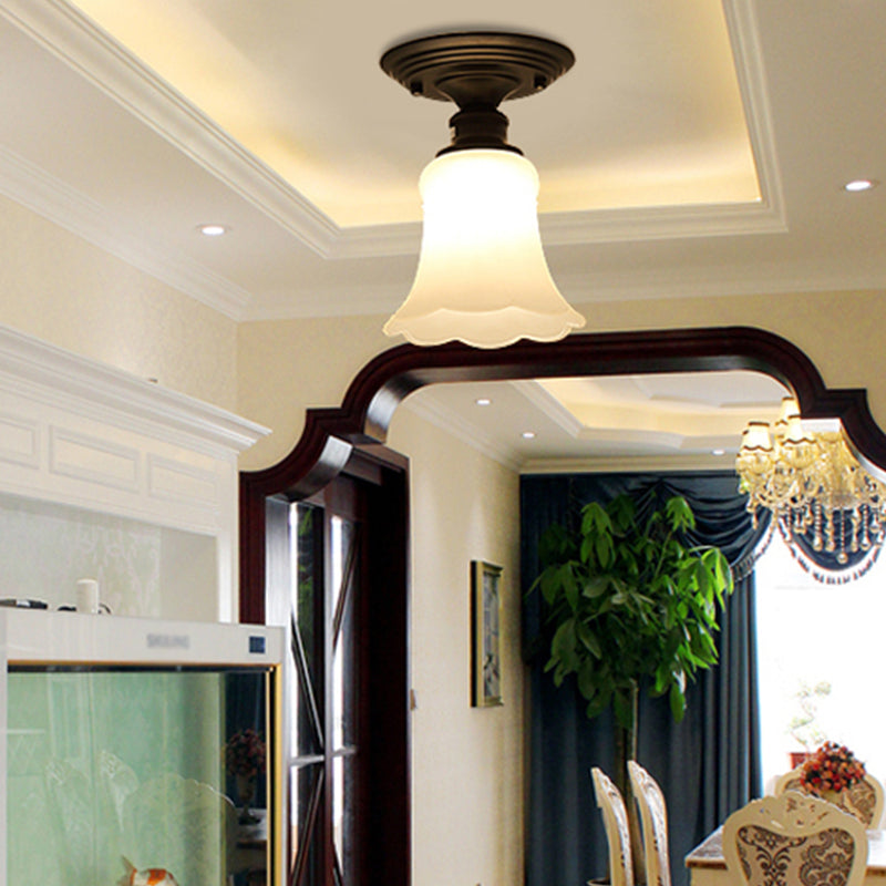 Glass Shaded Close to Ceiling Lamp Simplistic Aisle Semi-Flush Mount in Black