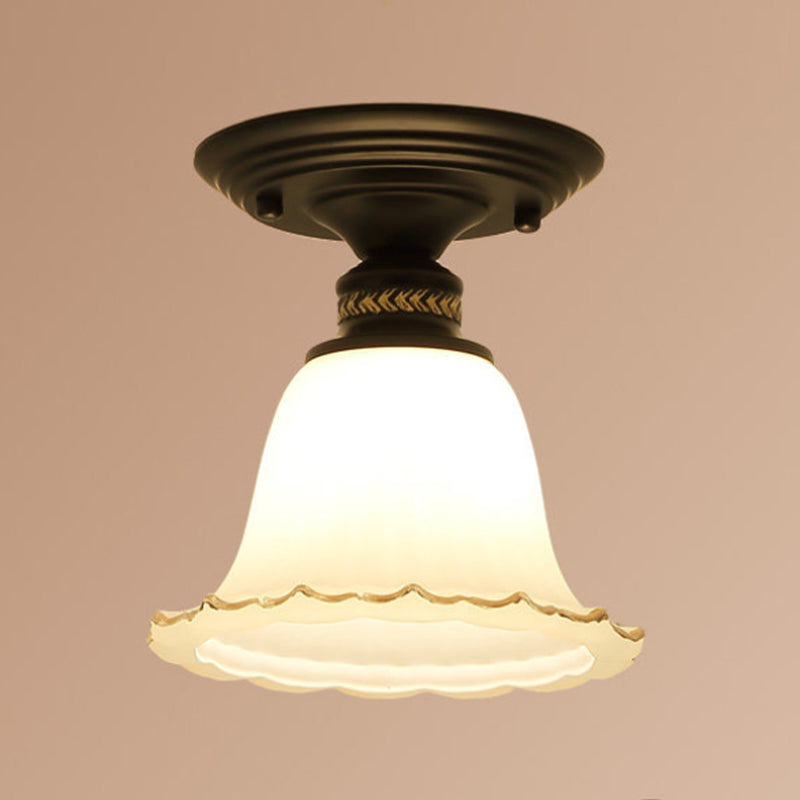 Glass Shaded Close to Ceiling Lamp Simplistic Aisle Semi-Flush Mount in Black