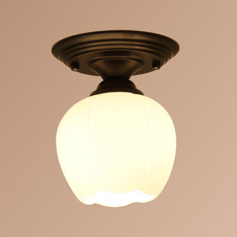 Glass Shaded Close to Ceiling Lamp Simplistic Aisle Semi-Flush Mount in Black