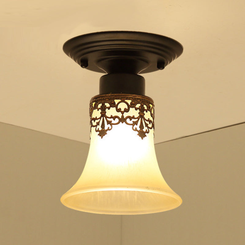 Glass Shaded Close to Ceiling Lamp Simplistic Aisle Semi-Flush Mount in Black