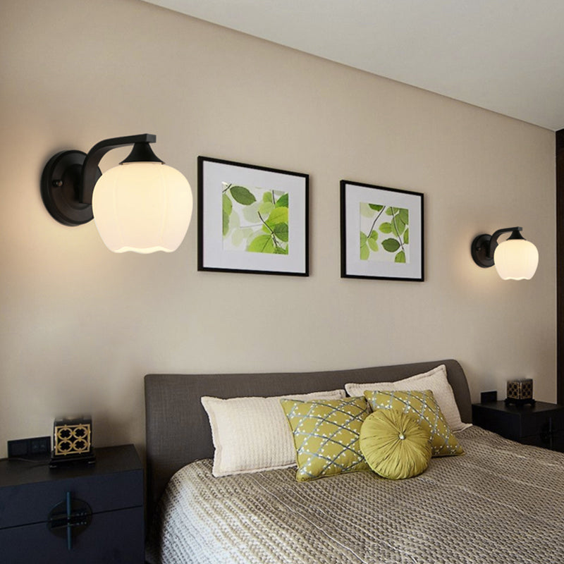 Black Domed Wall Lamp Modern 1-Light White Glass Wall Mounted Light for Stairs