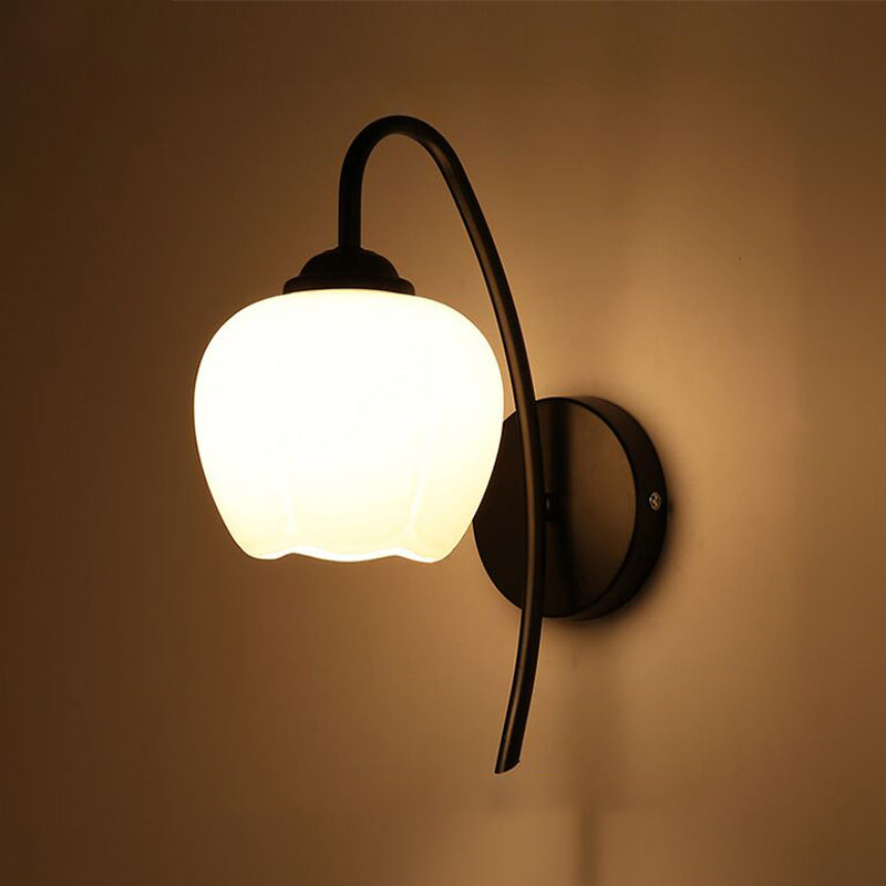 Black Domed Wall Lamp Modern 1-Light White Glass Wall Mounted Light for Stairs