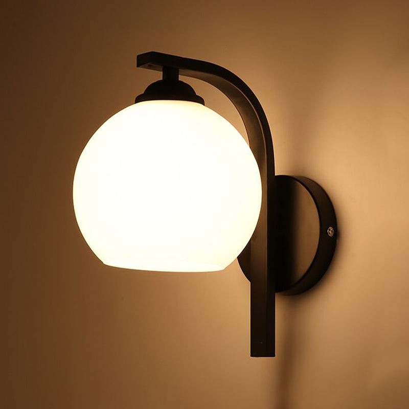 Black Domed Wall Lamp Modern 1-Light White Glass Wall Mounted Light for Stairs