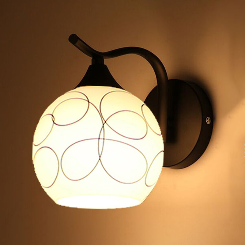 Black Domed Wall Lamp Modern 1-Light White Glass Wall Mounted Light for Stairs