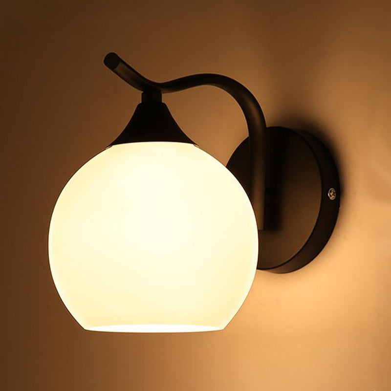Black Domed Wall Lamp Modern 1-Light White Glass Wall Mounted Light for Stairs