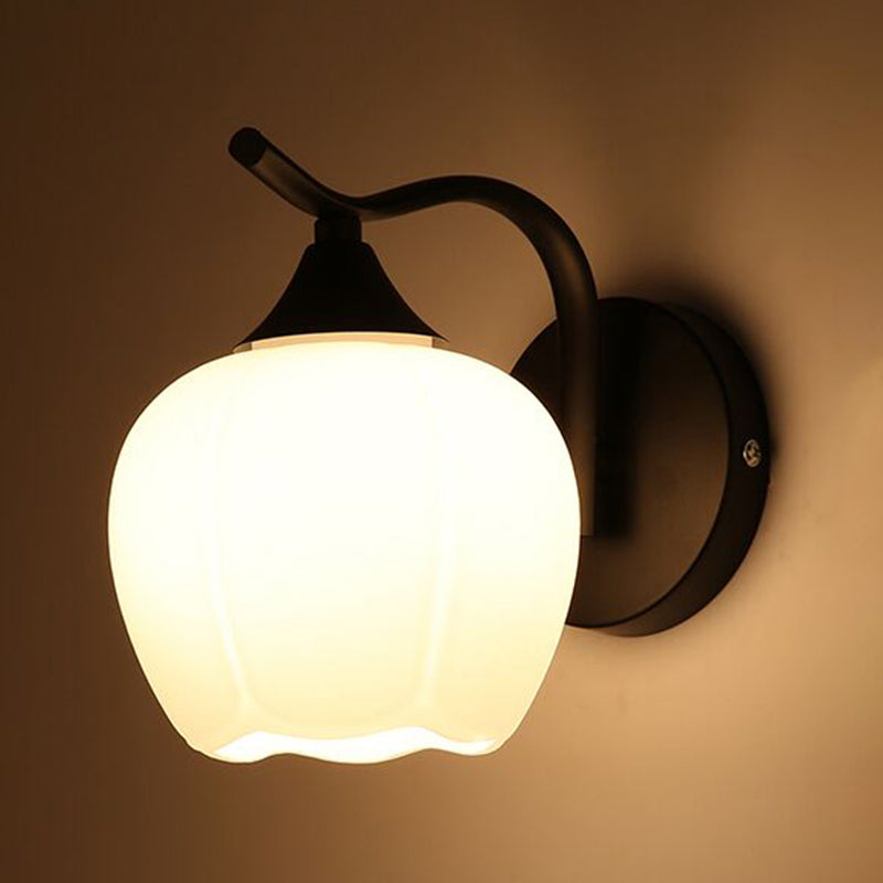 Black Domed Wall Lamp Modern 1-Light White Glass Wall Mounted Light for Stairs