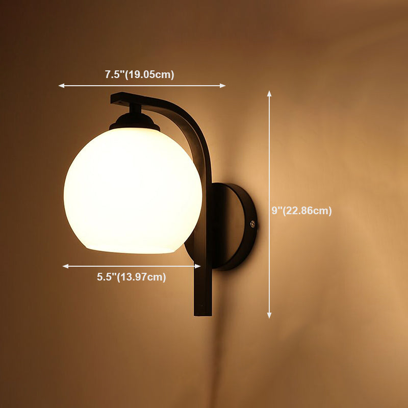 Black Domed Wall Lamp Modern 1-Light White Glass Wall Mounted Light for Stairs