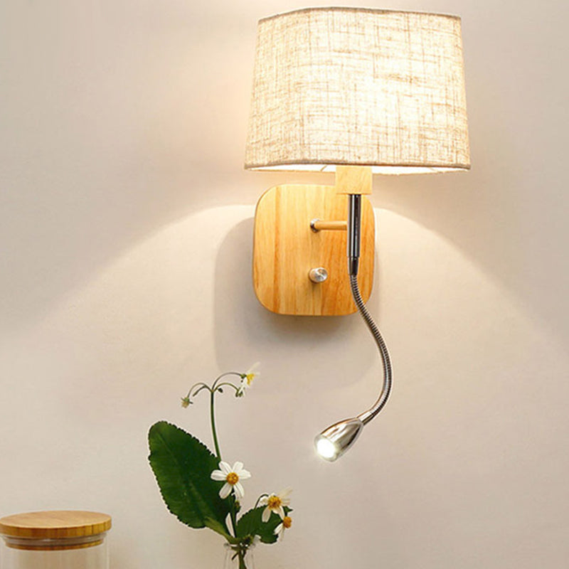 Geometric Fabric Reading Wall Light Nordic 2-Light Natural Wood Wall Lamp with Switch