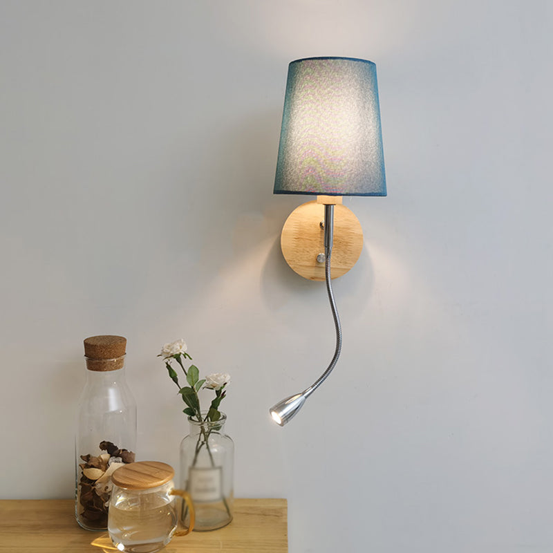 Geometric Fabric Reading Wall Light Nordic 2-Light Natural Wood Wall Lamp with Switch