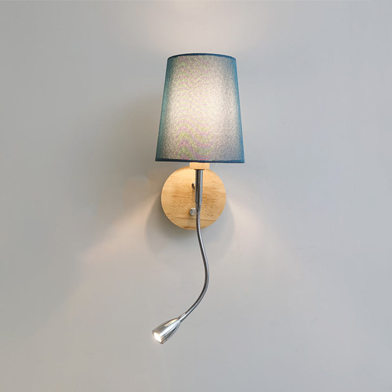 Geometric Fabric Reading Wall Light Nordic 2-Light Natural Wood Wall Lamp with Switch