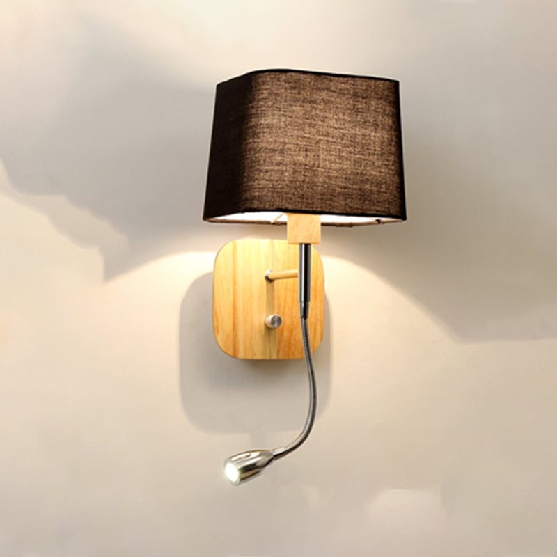 Geometric Fabric Reading Wall Light Nordic 2-Light Natural Wood Wall Lamp with Switch