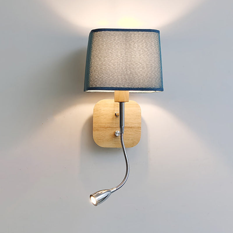 Geometric Fabric Reading Wall Light Nordic 2-Light Natural Wood Wall Lamp with Switch
