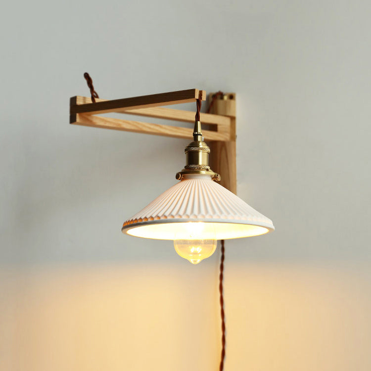 Falten Schatten Wandlampe Japanischer Stil Holz 1 Licht rotierbares Lesen Wandleuchte