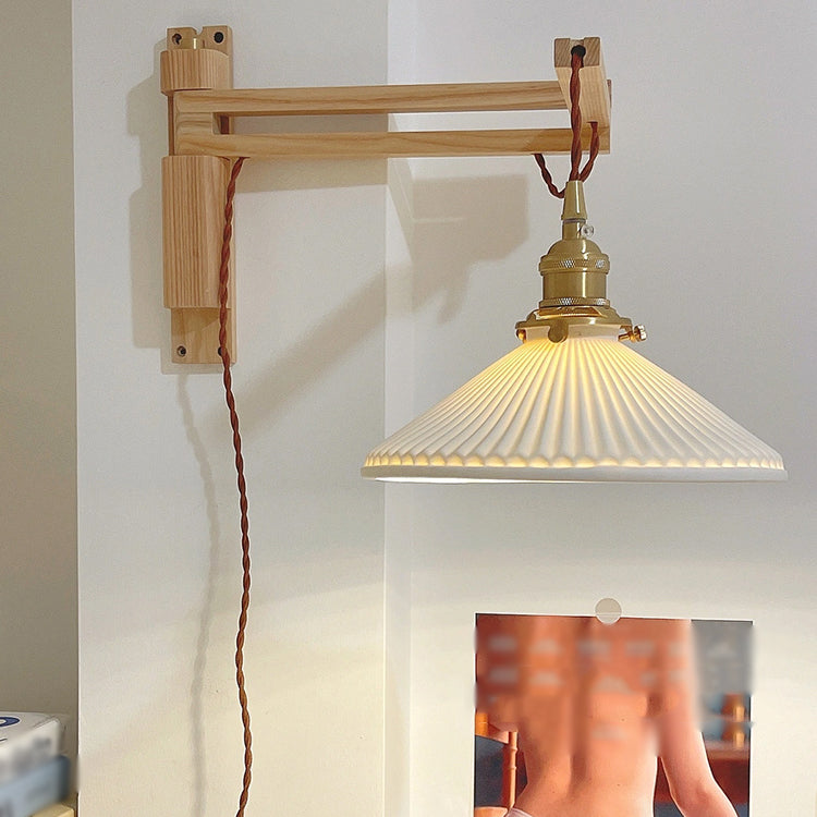 Falten Schatten Wandlampe Japanischer Stil Holz 1 Licht rotierbares Lesen Wandleuchte