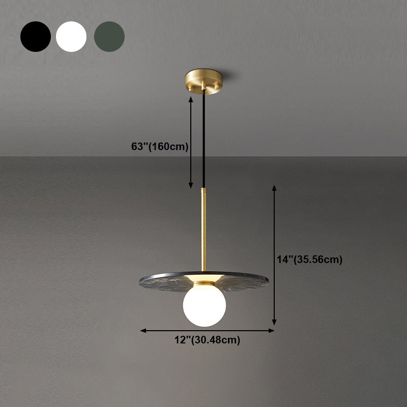 Natural Marble Small Pendant Light Modern 1-Head Suspension Lamp with White Glass Shade