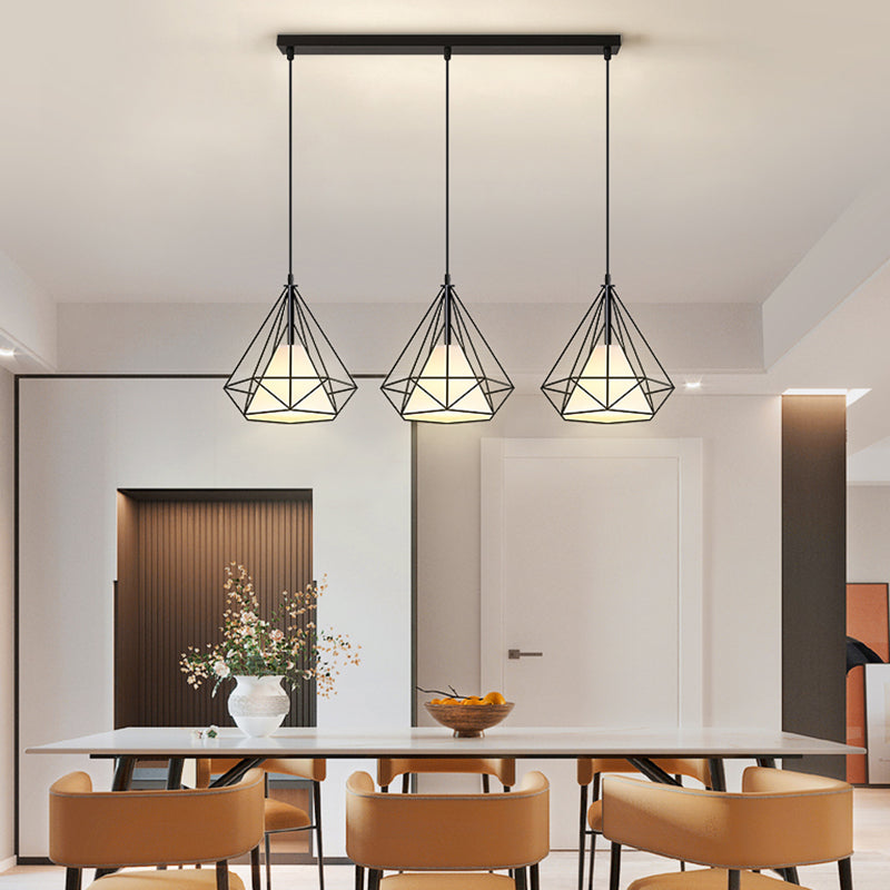 Iron Wire Cage Pendant Lamp Retro Dining Room Suspension Light in Black