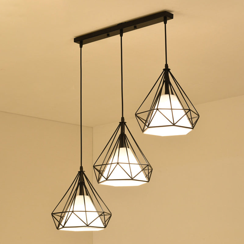Lampada a ciondolo a ciondolo in gabbia di ferro, sospensione della sala da pranzo retrò in nero