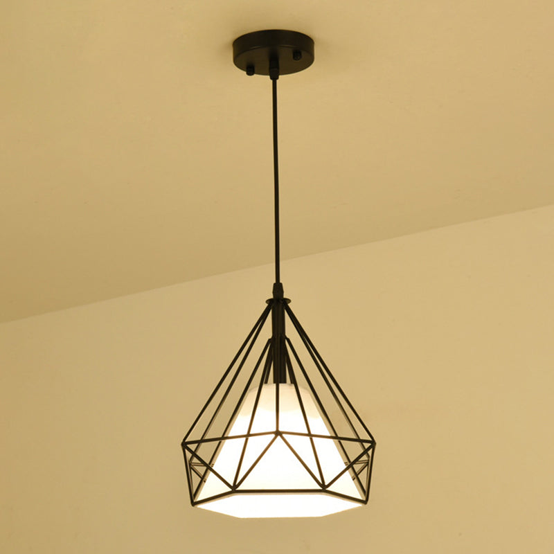 Lampada a ciondolo a ciondolo in gabbia di ferro, sospensione della sala da pranzo retrò in nero