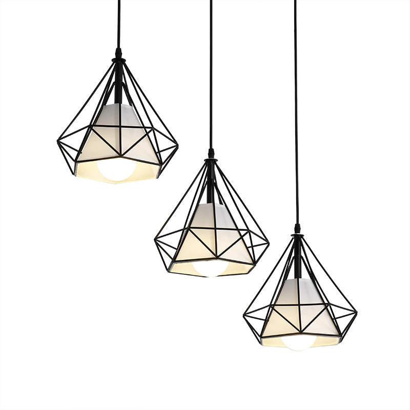 Lampada a ciondolo a ciondolo in gabbia di ferro, sospensione della sala da pranzo retrò in nero