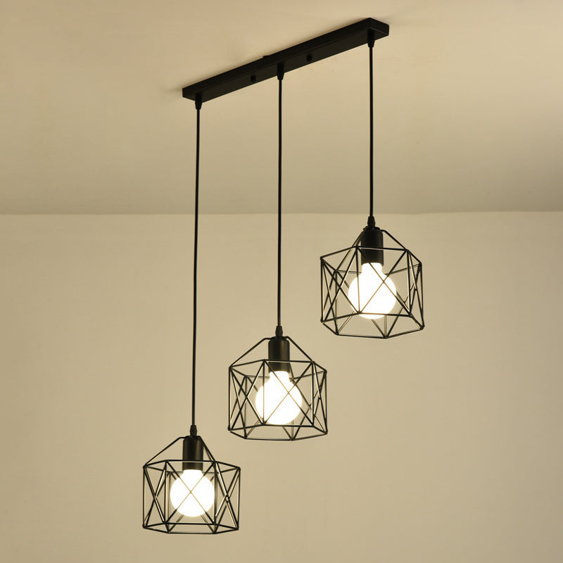 Lampada a ciondolo a ciondolo in gabbia di ferro, sospensione della sala da pranzo retrò in nero