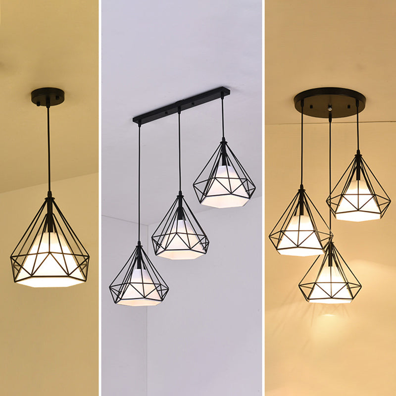 Lampada a ciondolo a ciondolo in gabbia di ferro, sospensione della sala da pranzo retrò in nero