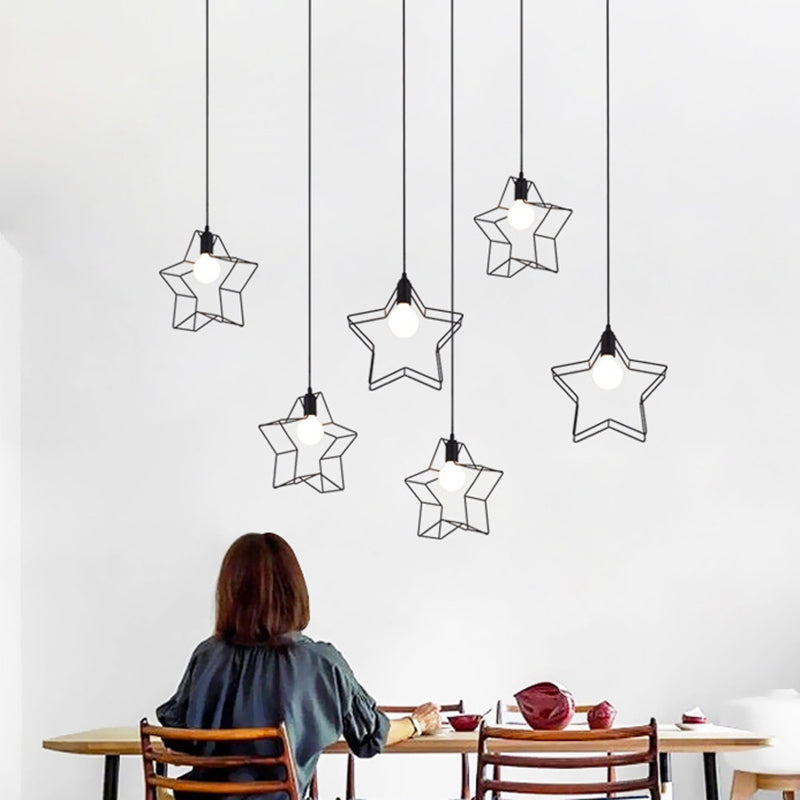 Lampada a ciondolo a ciondolo in gabbia di ferro, sospensione della sala da pranzo retrò in nero