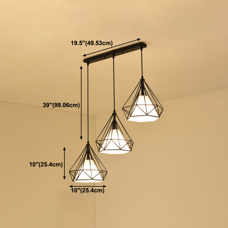 Lampada a ciondolo a ciondolo in gabbia di ferro, sospensione della sala da pranzo retrò in nero
