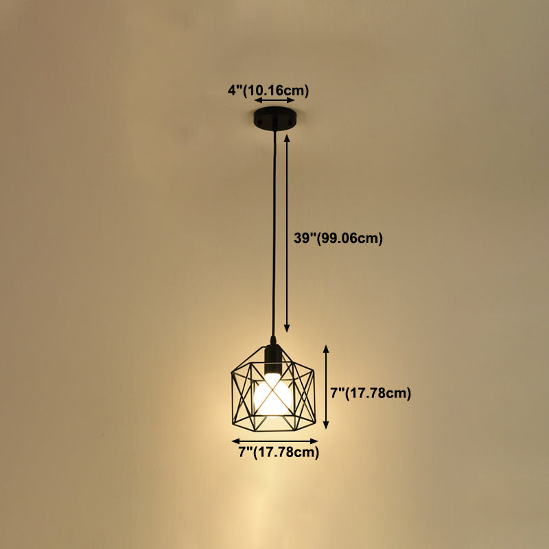 Lampada a ciondolo a ciondolo in gabbia di ferro, sospensione della sala da pranzo retrò in nero