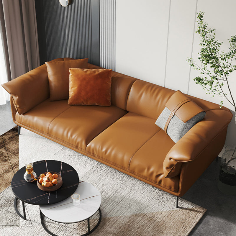 Modern Style Square Armrest Padded Down Seat Orange Leather Sofa