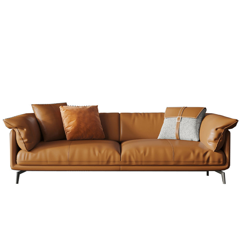 Modern Style Square Armrest Padded Down Seat Orange Leather Sofa