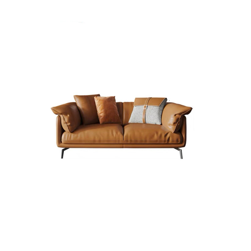 Modern Style Square Armrest Padded Down Seat Orange Leather Sofa