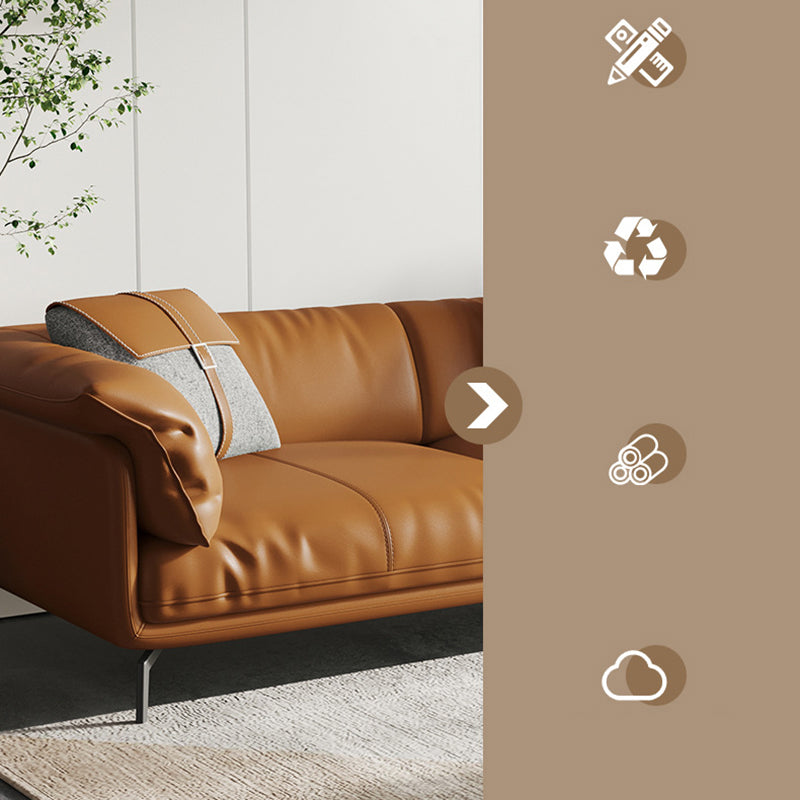 Modern Style Square Armrest Padded Down Seat Orange Leather Sofa