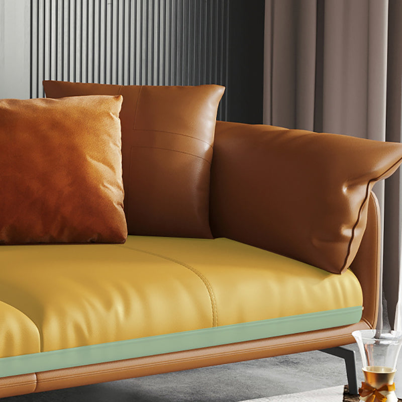 Modern Style Square Armrest Padded Down Seat Orange Leather Sofa