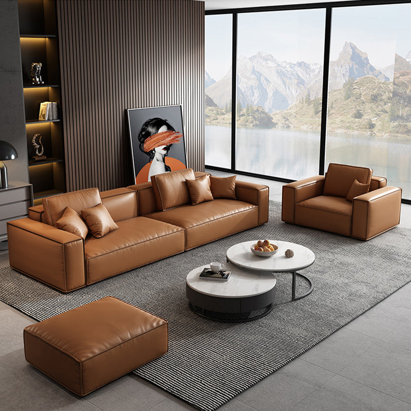Genuine Leather Square Arm Living Room Standard Dark Brown Seating