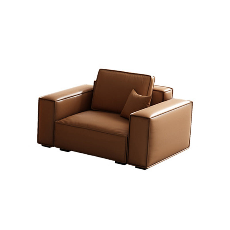 Genuine Leather Square Arm Living Room Standard Dark Brown Seating