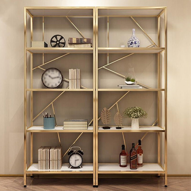 Scandinavian Open Etagere Bookshelf with Gold Iron Frame White Manufactured Wood Shelf