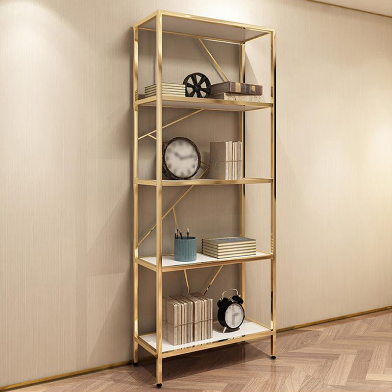 Scandinavian Open Etagere Bookshelf with Gold Iron Frame White Manufactured Wood Shelf
