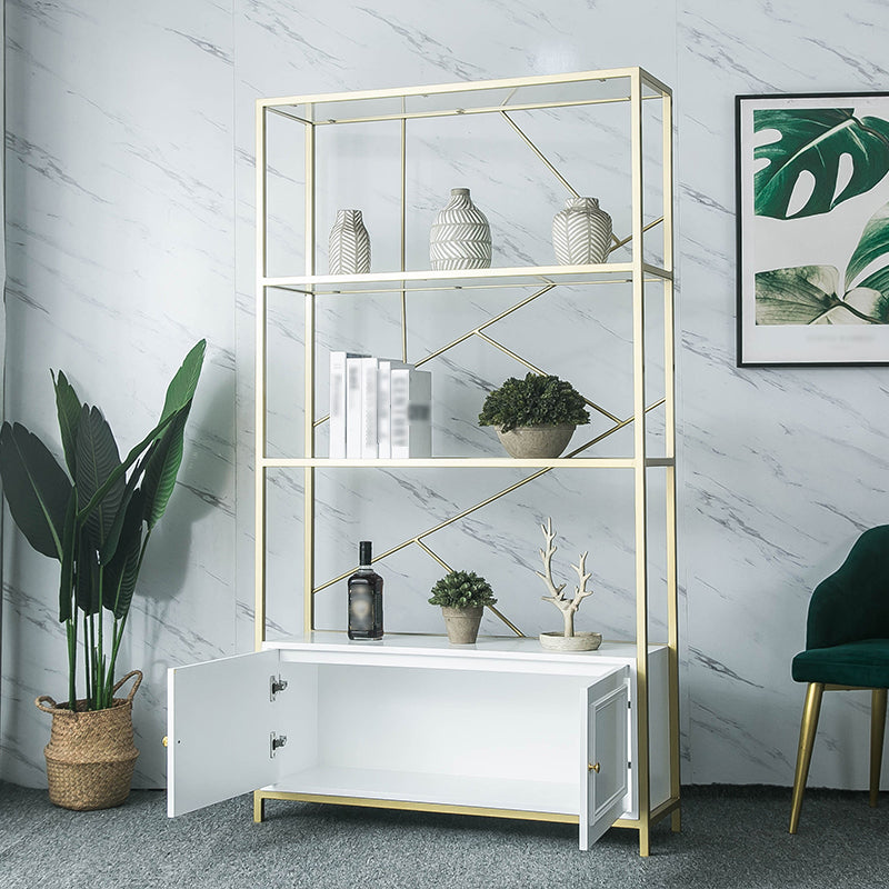 Scandinavian Open Etagere Bookshelf with Gold Iron Frame White Manufactured Wood Shelf