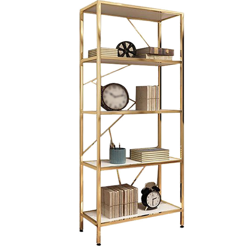 Scandinavian Open Etagere Bookshelf with Gold Iron Frame White Manufactured Wood Shelf