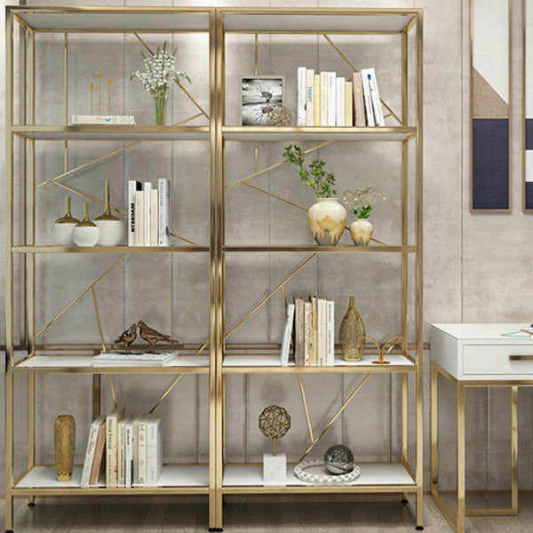 Scandinavian Open Etagere Bookshelf with Gold Iron Frame White Manufactured Wood Shelf